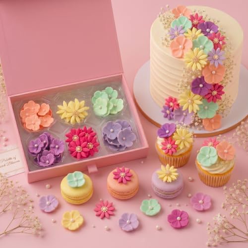 CONFECT Handmade Edible Gum Paste Flower Decorations – Rainbow Blossom – 60 Piece Assorted Sugar Flower Set with Pearl Centers, Hand Cut Cake Flowers for Cakes, Cupcakes, Cookies & Desserts by CONFECTTHECAKEDECORATINGCO