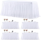 4 Pack 8ft White Table Cloths Rectangle Tulle Tablecloth Fitted White Tablecloths for 8 foot Rectangle Tables Stretch Spandex Table Cover for Parties Wedding Birthday Events Banquet Desk Table Skirt by HBBMAGIC