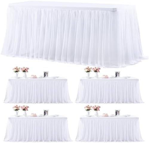 4 Pack 8ft White Table Cloths Rectangle Tulle Tablecloth Fitted White Tablecloths for 8 foot Rectangle Tables Stretch Spandex Table Cover for Parties Wedding Birthday Events Banquet Desk Table Skirt by HBBMAGIC