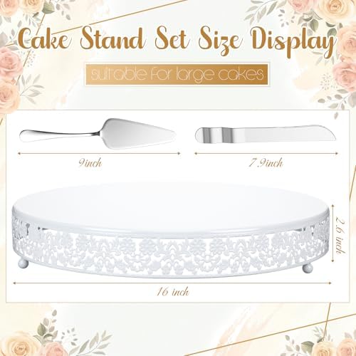 Wenqik 16 Inch White Cake Stand Set Metal Round Cupcake Dessert Stand with Cake Cutting, Flower Spatula Wedding Cupcake Pastry Display Candy Holder Display for Wedding Party Birthday Baby Shower - Image 2