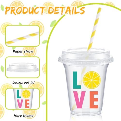 FoldTier 60 Set Lemon Party Cups, 14 oz with Lids and Straws - Image 3