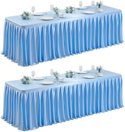 2 Packs Blue Satin Tablecloths Rectangle 4FT,Glitter Spandex Fitted Stretch Table Covers Wrinkle-Resistant Floor Length Shimmer Pleated Table Skirt for Wedding Parties Baby Shower Banquets by Partisky