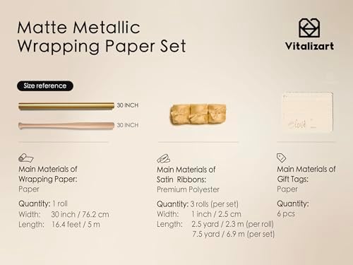 Vitalizart Matte Metallic Gold Wrapping Paper Set 30" Ribbons & Gift Tags - Image 2