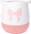 Large Cotton Rope Storage Basket with Pink Bow (17.7"x15.7", 55L), Collapsible Laundry Hamper for Baby Girl Nursery, Woven Toy Organizer with Handles, Blanket Basket for Bedroom, Bathroom, Playroom by eigabhiioshtfgtmBasketTray