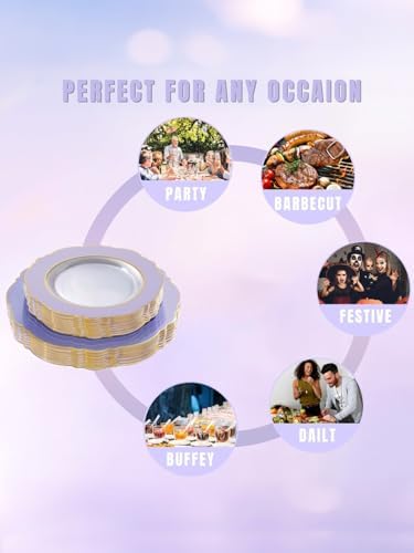 WDF 60pcs Clear Purple Plates Disposable with Gold Rim - Baroque Lavender Purple Plastic Plates for Party/Wedding/Bridal Shower - Image 5