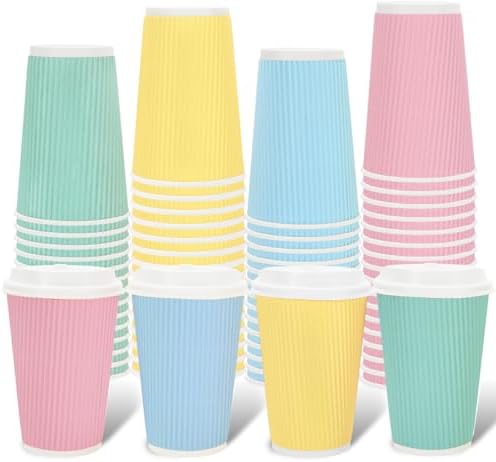 Whaline 100 Pcs Pastel Color Disposable Coffee Cups with Lids 16 Oz Yellow Pink Blue Green Paper Cup Corrugated Ripple Wall Insulated Hot Cups for Spring Summer Silly Goose Home Office Party Supplies by Whaline