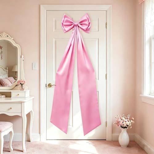 Large Pink Bow Decor, Double Layer Satin 80x20 Inches by TERSUM