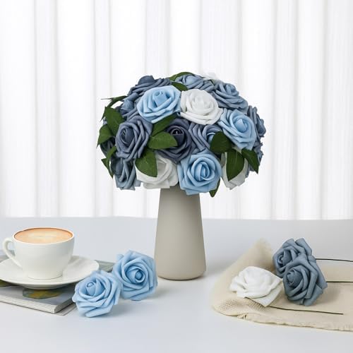 100 Pcs Artificial Foam Rose Flower Faux Bouquet Wedding Fake Rose Gift for Mother's Day Women DIY Bridal Shower Party Table Birthday Home Spring Decor (Blue and White Gradient) - Image 5