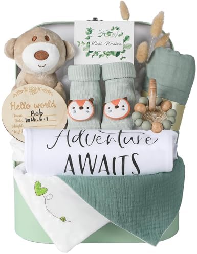 Baby Gift Set Baby Shower Gifts Basket for Newborns New Born Baby Sage Green Gift Basket with Baby Rattle Swaddle Security Blanket for Gender Neutral Baby Girls Boys by Naozinebi