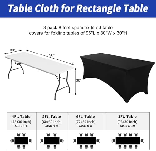 Fixwal 3 Pack 8FT Black Tablecloth Rectangle Spandex Fitted Table Cover - Image 4
