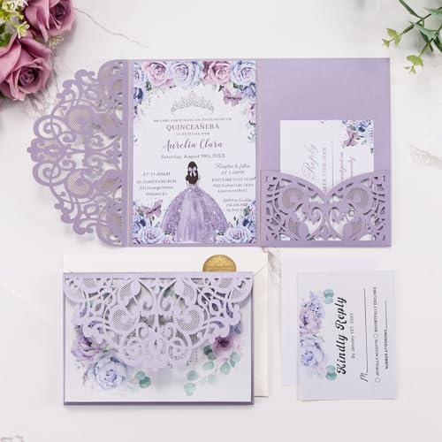 50pcs Purple Wedding Invitaion Blank Personalized Quinceanera Invitations - Image 3