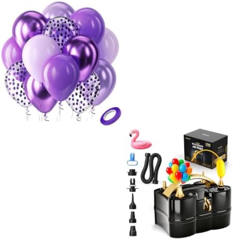 Bezente Purple Latex Balloons Kit, 60pcs 12 inch Dark Purple Metallic Chrome Confetti Lavender Lilac Balloons and Electric Balloon Pump Multiple by Bezente