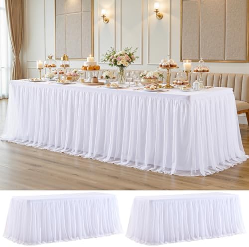 2 Pack White Tablecloth for 8 Foot Rectangle Tables with Tulle Table Skirt by PartyTalk