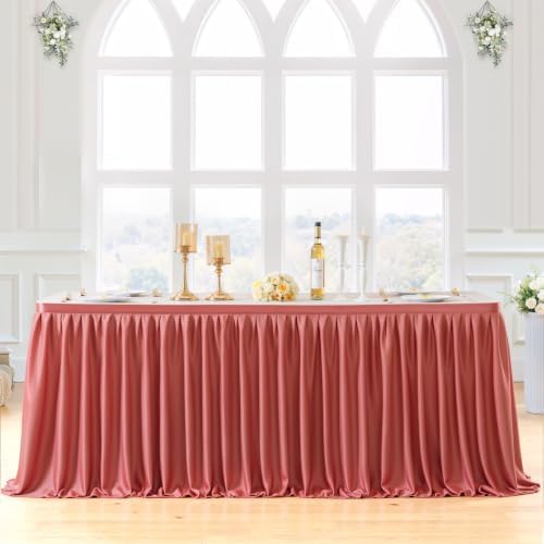 Partisky Rosy Pink Polyester Table Skirt for Rectangle Tables 17ft, Wrinkle Resistant Pleated Ruffle Table Cloth for Wedding Baby Shower - Image 3