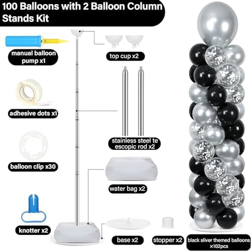 2 Sets Adjustable Balloon Column Stand Kit with Bases（Black & Silver） - Image 2