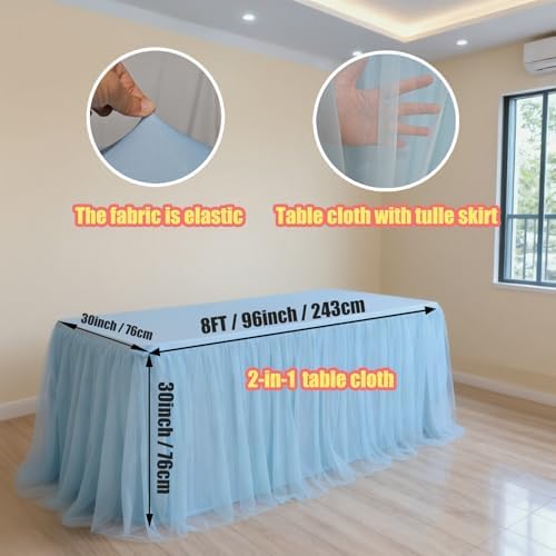 2-Pack Blue 2-in-1 Tulle Tablecloth for 8-Foot Rectangular Table - Image 2