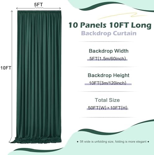 50ft x 10ft Wrinkle Free Hunter Green Backdrop Curtain for Jungle Parties, 10 Panels 5×10ft Soft Silky Green Polyester Photo Backdrop Drapes for Wedding Birthday Photography Christmas Background Cloth - Image 5