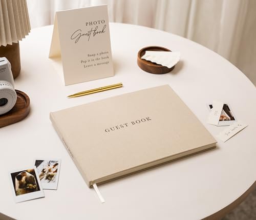 Real Linen Guest Book Set - 11.5 x 8.5 Embossed Guestbook for Weddings, Showers, Events, Blank & Lined, Comes with Sign, Pen, Box and Photo Sleeves, 120 Pages (Beige) - Image 3