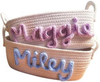 Personalized Cute Small Woven Basket with Handles, Custom Cotton Rope Room Shelf Storage Basket, Empty Decorative Gift Basket, Decorative Round Bin for Nursery Bedroom Bathroom (Style D) by Handmade