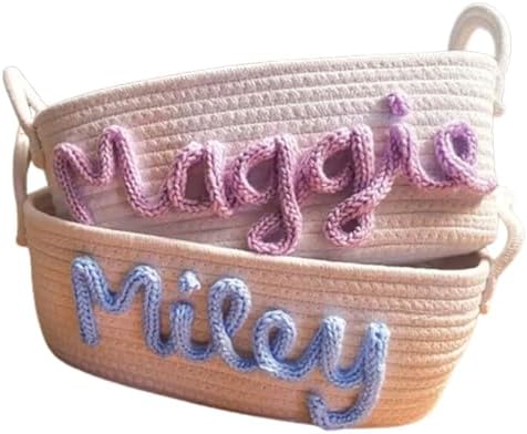 Personalized Cute Small Woven Basket with Handles, Custom Cotton Rope Room Shelf Storage Basket, Empty Decorative Gift Basket, Decorative Round Bin for Nursery Bedroom Bathroom (Style D) by Handmade