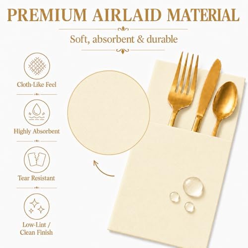 100 Pcs Beige Napkins Disposable Linen Feel Dinner Paper Napkins with Built-in Flatware Pocket, 16"x16" Airlaid Paper Pre-Folded Napkins for Silverware Baby Shower Easter Wedding Birthday Party - Image 4