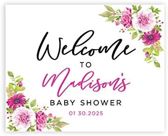 Andaz Press Personalized Large Canvas Baby Shower Welcome Sign, 16 x 20 Inches, Fuchsia Florals, Guestbook Alternative, Custom Baby Shower Sign, for Floral Baby Shower, Baby Sprinkle Theme by AndazPress