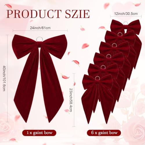 Crowye Giant Christmas Velvet Bow Set 7 Pcs Burgundy Decorative Ribbon Bows - Image 2