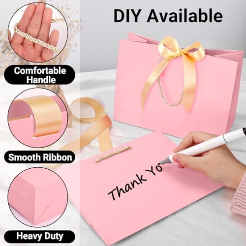 EUSOAR Pink Gift Bags with Ribbon Bow, 50pcs 10.6"x3.1"x8.3" Thank You Gift Bags with Handles, Shopping Wedding Party Favor Paper Bags Gift Treat Bags Bulk for Wedding Baby Shower Guests Bridal - Image 4