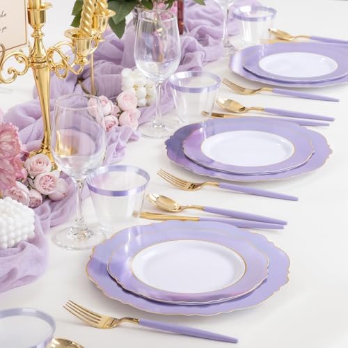 WDF 60pcs Purple Plates Disposable with Gold Rim - Baroque Light Purple Plastic Plates - Lavender Plates for Wedding/Birthday - Image 3