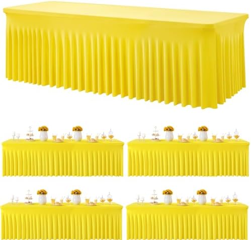 4 Pack Yellow Spandex Tablecloths for 8 Foot Rectangle Tables, Wrinkle Free Lemon Fitted Tablecover 8ft Stretchy Table Clothes with Skirt for Weddings Birthday Party Banquet Baby Shower by Htper