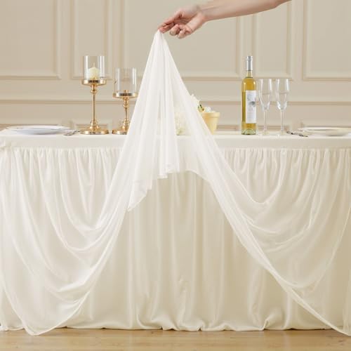 Besutolife Ivory Table Cloth Rectangle 6ft Elastic Fitted Tulle Tablecloth Stretch Spandex Rectangular Table Cover with Ruffle Skirt for Wedding Birthday Baby Shower Party Banquet Dessert Table Decor - Image 7