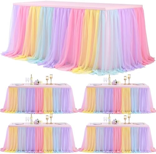 4 Pack 6ft Rainbow Tulle Tablecloths for Rectangle Tables, 6 Foot Rainbow Rectangular Table Cloth Wrinkle Free Tablecover with Tutu Skirt for Baby Shower Girls Birthday Party Banquet Buffet Cake by Suppromo