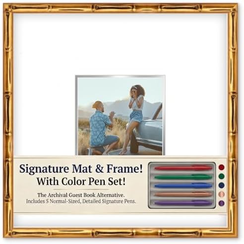 CountryArtHouse Signature Keepsake Frame - Square Mat Window - Gold Bamboo Genuine Hardwood 20x20 8x8 Photo - Metallic Silver Border Mat - Gel Pens Included for Guest Signing by CountryArtHouse