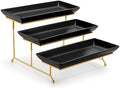 MALACASA 3 Tier Serving Trays for Party, 14 Inch Porcelain Black Trays for Serving Food, Dessert Stand with Collapsible Gold Metal Rack by MALACASA