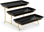 MALACASA 3 Tier Serving Trays for Party, 14 Inch Porcelain Black Trays for Serving Food, Dessert Stand with Collapsible Gold Metal Rack by MALACASA