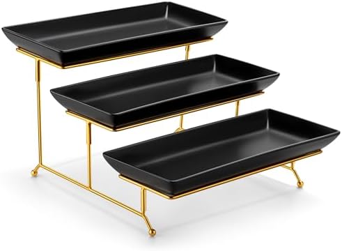 MALACASA 3 Tier Serving Trays for Party, 14 Inch Porcelain Black Trays for Serving Food, Dessert Stand with Collapsible Gold Metal Rack by MALACASA