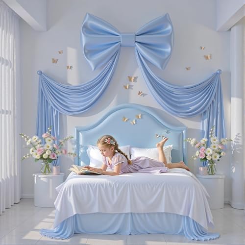 Large Blue Bow Decor, 47x24x118 Inches Giant Silky Ribbon Bows for Room Wall Decorations Oversized Coquette Stain Bow Party Decorations for Birthday Bridal Baby Shower Wedding Photo Booth Backdrop by Besutolife