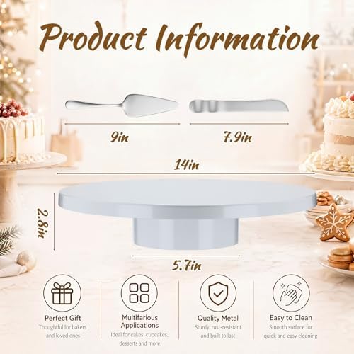 Wenqik 14 Inch Metal Cake Stand with Cake Knife and Spatula, Round Dessert Table Display Stand Metal Dessert Tray Serving Platter for Party, Wedding, Birthday, Baby Shower, Anniversary(White) - Image 2