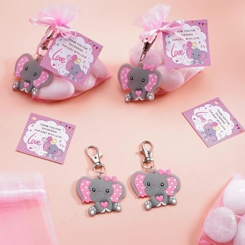50 Sets Baptism Party Return Favors for Guests Pink Elephant Keychains Organza Bags and Thank You Kraft Tags for Elephant Theme Party Favors, Baptism Party Supplies - Image 3