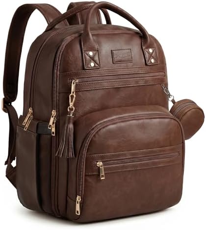 ROSEGIN Premium Vegan Leather Diaper Bag Backpack with Waterproof Changing Pad, Reinforced Zippers & Odor-Free,20 Pockets Pro Organizer, Fits 15.6" Laptop, Stroller Straps, Baby Bag for Mom,Dark Brown by ROSEGIN