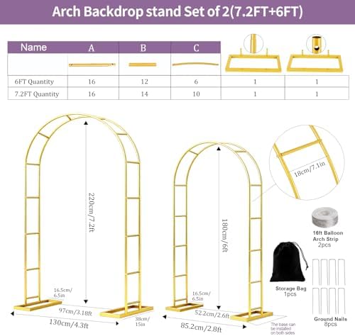 2 Pack Metal Wedding Arch (6 ft, 7.2 ft) Backdrop Stand with Base - Image 4
