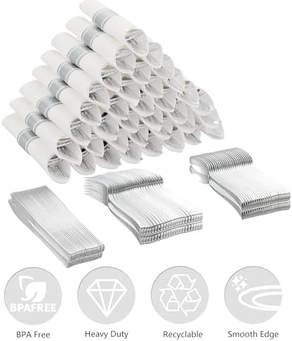 100 Pack Pre Rolled Silver Plastic Silverware Set with Napkins,Disposable Wrapped Heavy Duty Cutlery Set for Wedding Birthday Party-100 Forks,Knives,Spoon,Utensils Set,Plasticware Bulk - Image 4