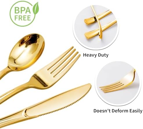 Goodluck 500PCS Gold Plastic Silverware, Gold Utensils Disposable, Plastic Cutlery Set of 200 Forks, 150 Spoons, 150 Knives for Wedding, Party, Birthday, Holidays - Image 3