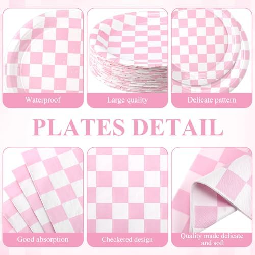 Pickmesh 400 Pcs Pink and White Checkered Party Decorations Plates Serve 50 - Image 2