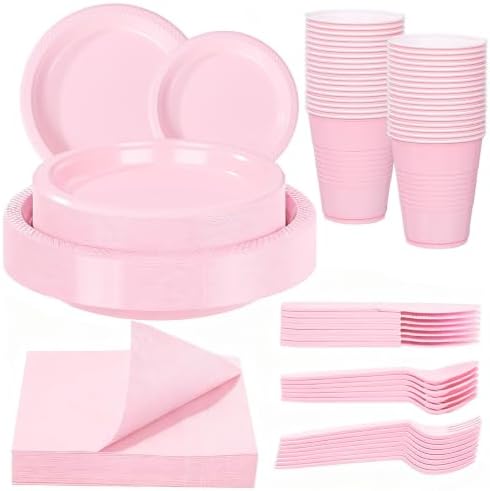 WELLIFE 210Pcs Pink Plastic Plates,Disposable Pink Plates for Party by WELLIFE