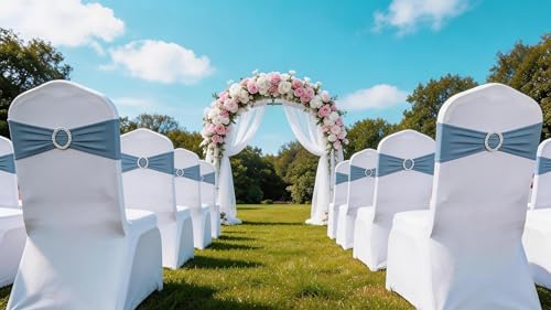 Pack of 50PCS Spandex Dusty Blue Chair Sashes Bows Elastic Chair Cover Bands Slider Buckles for Wedding Reception Banquet Bridal Decorations - Dusty Blue - Image 5