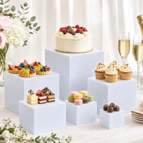 Nestable Buffet Risers - 6 Pcs White Acrylic Food Risers with Signs & Markers – Sturdy Dessert Table Display Stands for Parties, Catering, Jewelry & Collectibles (Easy-Store Stackable Cubes: 10'',9'',8", 7", 6", 5"） - Image 4