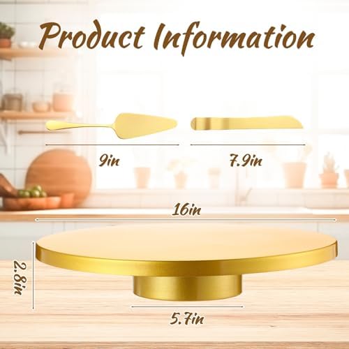 Wenqik 16 Inch Metal Gold Cake Stand with Cake Knife and Spatula, Round Dessert Table Display Stand Metal Dessert Tray Serving Platter for Party, Wedding, Birthday, Baby Shower, Anniversary - Image 2