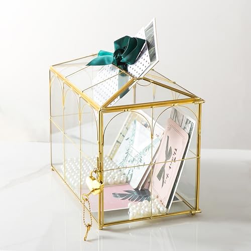 Glass Wedding Card Box with Slot, 10.2'' Large Clear Card Box Gold Brass Gift Card Storage Box with Lock Perfect for Wedding Receptions, Baby Shower, Birthday Party, Bridal Shower - Image 7