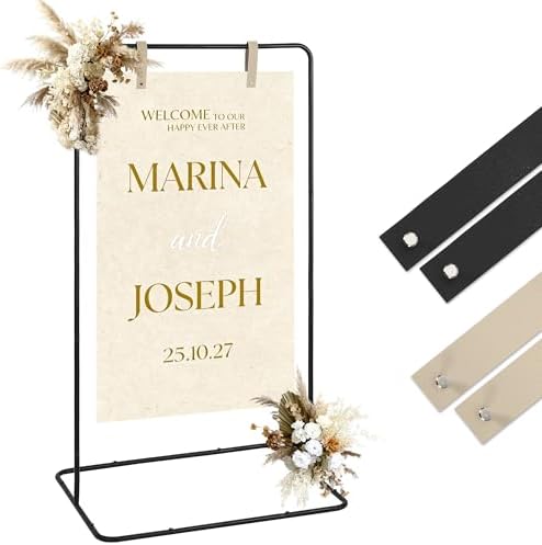 Garvee Wedding Welcome Sign Stand, 50/68 in Adjustable Metal Wedding Sigh Holder with 4 Faux Leather Straps, Hanging Sign Stand for Display Party Baby Shower, Black by Garvee